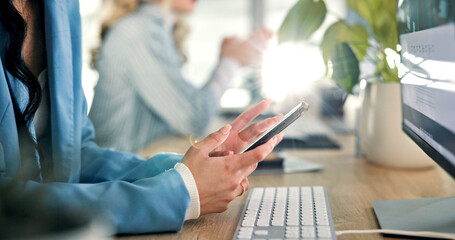 Poster - Hands, business and woman in office, smartphone and internet with social media. Closeup, people or employee in workplace, mobile user or cellphone with connection, text or message to contact or email