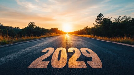 Poster - Asphalt road marked with 2029 against a sunset sky symbolizing a bright future ahead