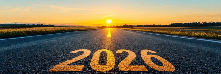 Fototapete - Asphalt road leading to 2026 with wooden numbers against a vibrant sunset showcasing hope for the future
