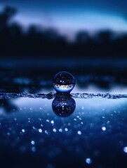 Fototapete - Single raindrop mirrors a starry night sky in a tranquil outdoor setting under natural light
