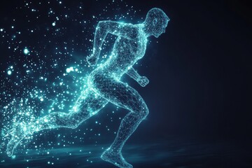 Leinwandbilder - Runner in motion captured as a glowing digital silhouette displaying muscle structure, showcasing speed and energy at night time