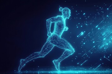 Leinwandbilder - Runner silhouette in glowing digital wireframe mesh captured in motion freeze showcasing strength and dynamism