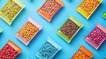 Poster - Sleek pet food packaging designs showcase vibrant colors for dry and wet options in a flat arrangement on a bright blue background
