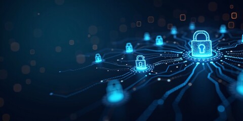 Abstract Cybersecurity Concept with glowing padlock icons, circuit patterns, and binary code