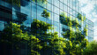 Exemplifying the ESG - Environmental, Social, Governance concept, a corporate glass building facade reflects green trees. Importance of integrating sustainability into business practice. Generative AI