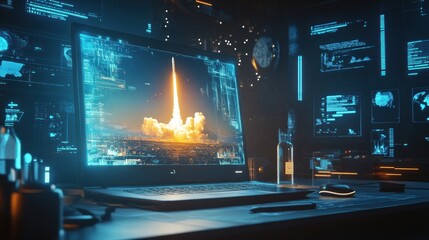 Laptop displays rocket launch; control room background