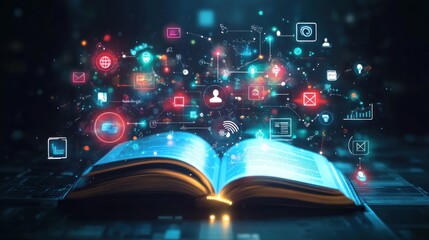 Open book, digital icons, dark background, knowledge, education