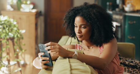 Poster - Phone, relax and African woman on sofa in home for social media, networking and communication. Apartment, living room and person on smartphone for online chatting, internet post or website on weekend