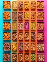 Poster - Sleek packaging design mockups showcase colorful dry and wet pet food arranged in rows for an attractive flat presentation