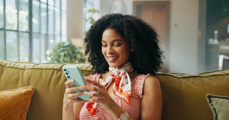 Poster - Phone, happy and woman relaxing on sofa in home for social networking, communication or contact. Calm, cellphone and female person reading email with smile in living room at apartment on weekend.