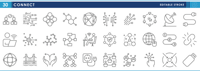 A set of line icons related to Connect. Connection, link, wire, drive, Wi-Fi, plug, internet, bridge, and so on. Vector editable stroke.