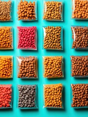 Poster - Colorful sleek packaging design mockups for various pet food arranged in flat presentation on a bright teal surface