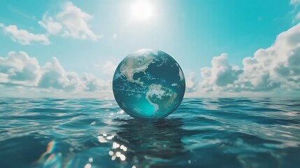 a globe floating on water under a bright sun and a cloudy blue sky view