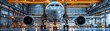 © AGI Studio - A sleek aircraft is positioned inside a spacious hangar, showcasing its engines and fuselage, surrounded by engineers and advanced machinery.