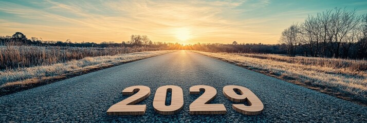 Aufkleber - Asphalt road leading to 2029 with wooden numbers against sunset, representing future possibilities and hope