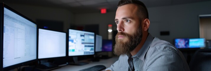 A man with a beard is sitting in front of a computer monitor. He is looking at the screen with a serious expression