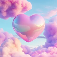 Wall Mural - heart in pastel clouds: a iridescent, heart-shaped object floats serenely amidst fluffy pastel pink 