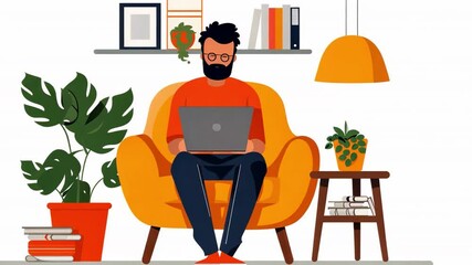 Poster - A man is focused on his laptop while sitting in a vibrant orange chair. The cozy home office features green plants and a warm atmosphere with books nearby.