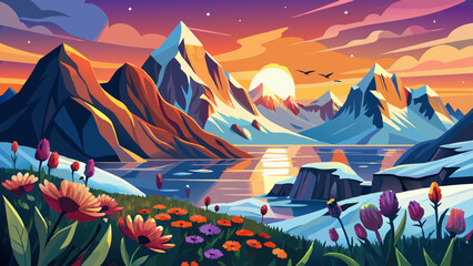 Wallpaper landscape nature of the mountains of Spitsbergen Longyearbyen Svalbard on a flowers polar day with arctic summer in the sunset