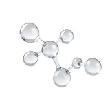 A close-up of a molecule structure with clear, transparent spheres and rods connected, evoking a sense of interconnectedness and scientific exploration. The image is clean and minimalist.