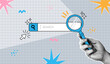 © Foxy Fox - Search with hand and magnifying glass. Art collage shapes with search bar, arm holding magnifying glass and surfing online internet browser. Vector web surfing concept