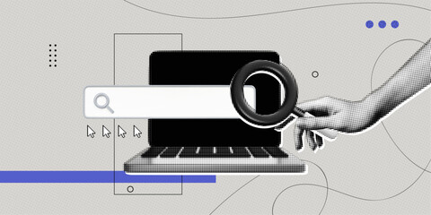 Trendy Halftone Collage Computer laptop and hand holds magnifying glass. Search for information on internet. Find job online. Hr looking for employees. Contemporary vector illustration art