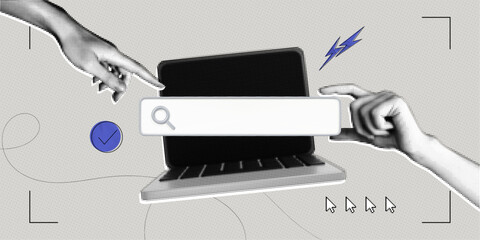 Trendy Halftone Collage Hand points to Search bar on computer screen. Job for hire online. Find information in internet browser. Data base. Seo marketing concept. Contemporary vector illustration art