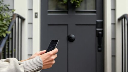 Aufkleber - A person stands outside a beautifully designed home, using a smartphone to unlock a contemporary door lock, showcasing modern security technology.