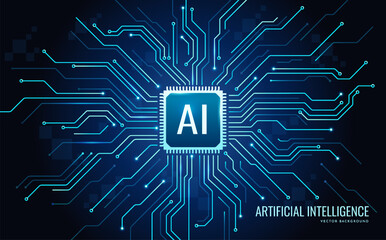 banner with ai microchip. tech blue background with artificial intelligence on motherboard, cpu proc