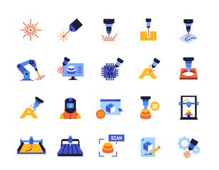 Set of icons related to laser cutting. Colorful signs with 3D milling machine, laser engraving and router machine. Design element for app. Flat vector illustration collection isolated on background