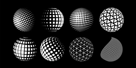 Round dotted shape set. Spheres with geometric figures in halfton style. Grid globe elements. Tech design elements for futuristic posters. 3D vector illustration collection isolated on background