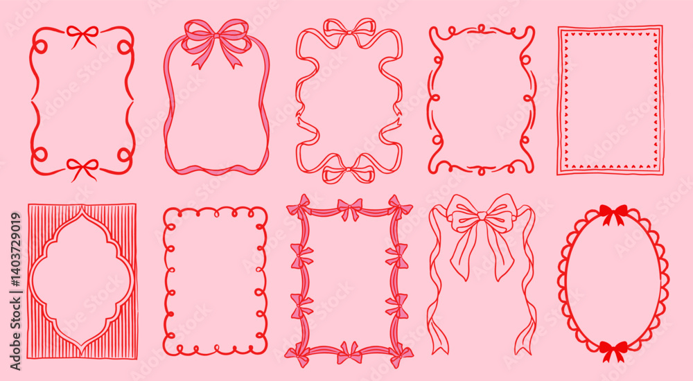 Valentines Day Frame Set. Adorable pink romantic borders with bows ...