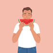 © Cansu - Happy man enjoying a slice of watermelon in flat vector art