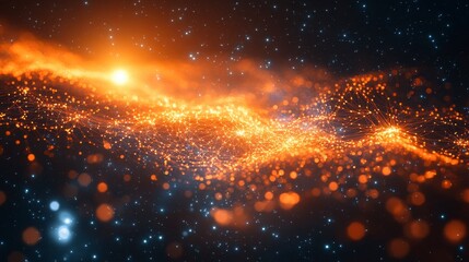bright cosmic swirl. starry night. orange and blue particle waves shimmer