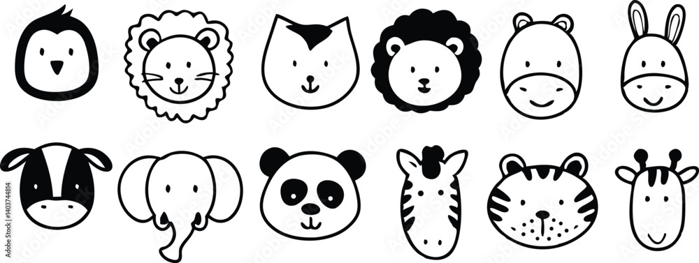 Cute doodle animal face line art.
Set with doodle face animals isolated on white background cute nursery collection illustration vector