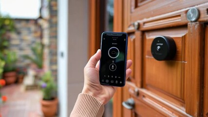 Aufkleber - A person stands at the entrance of their home holding a smartphone to operate a smart door lock, surrounded by greenery and colorful flowers.
