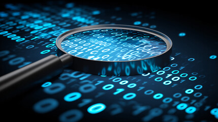 Digital Data Analysis: Magnifying glass examines binary code, symbolizing deep data analysis and digital information processing. A visual representation of exploring code.