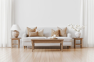 Poster - Neutral light living room interior with sofa, throw pillows, decorated coffee table, blooming branches in vase and curtains on the sides. Traditional home design.  Empty wall mockup. 3d rendering.