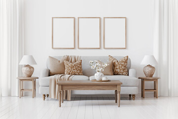 Aufkleber - Nice traditional interior with three empty vertical frames on the wall above cozy sofa. Decorated white living room with curtains. 3d rendering.