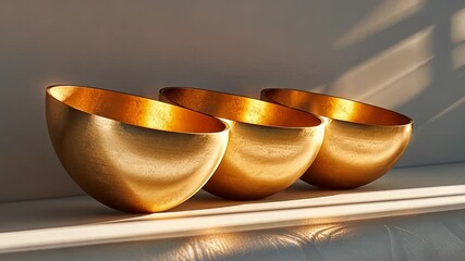 Aufkleber - Three golden bowls, elegantly positioned on a light surface, catch the warm sunlight, enhancing their shiny finish and creating a striking visual effect in a minimalist setting.