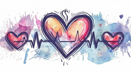 Leinwandbilder - A creative depiction of three hearts interconnected by a heartbeat line, illustrated in vibrant watercolor hues, perfect for expressing emotions and love.