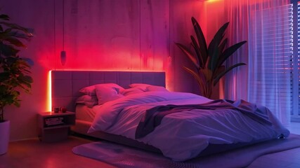 Aufkleber - A spacious bedroom showcases warm purple and orange lighting that creates an inviting atmosphere. A comfortable bed and lush plants are prominently featured, emphasizing tranquility.