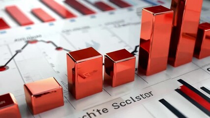 Fototapete - The focus is on vibrant red bar charts and graphs that illustrate financial performance metrics, showcasing data trends and comparisons across different categories over time.