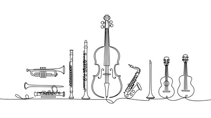 A continuous line drawing of various orchestra musical instruments on a white background, vector illustration 