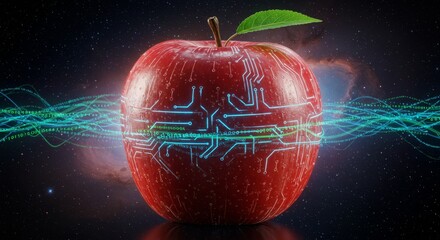 Wall Mural - apple in space - a red apple with glowing circuit board design, set against a dark space background 