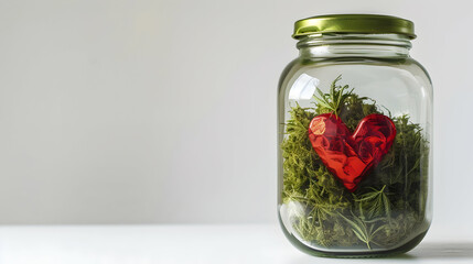 A glass jar with a green lid containing moss and a red heart on a white background studio shot
