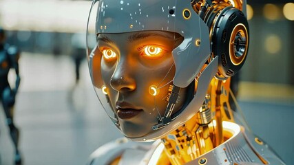 Aufkleber - A highly detailed robotic figure stands prominently with glowing eyes and intricate circuitry. The backdrop features a vibrant, technology-inspired urban environment.