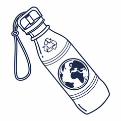 Wall Mural - Line art icon of a reusable water bottle with earth symbol