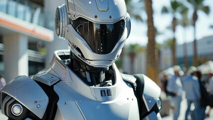 Poster - A sleek humanoid robot stands in the foreground, attracting attention from a diverse crowd. The event is lively, with sunny weather and various technology exhibits in the background.
