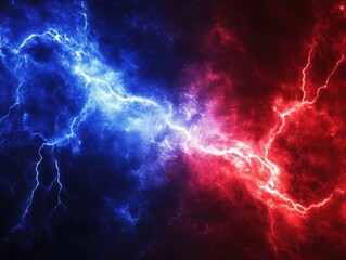 Wall Mural - dramatic display of red and blue energy lightning bolt with dark background abstract concept